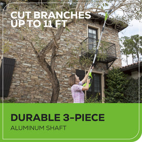 Greenworks pivoting head with seven positions for angles and reach.