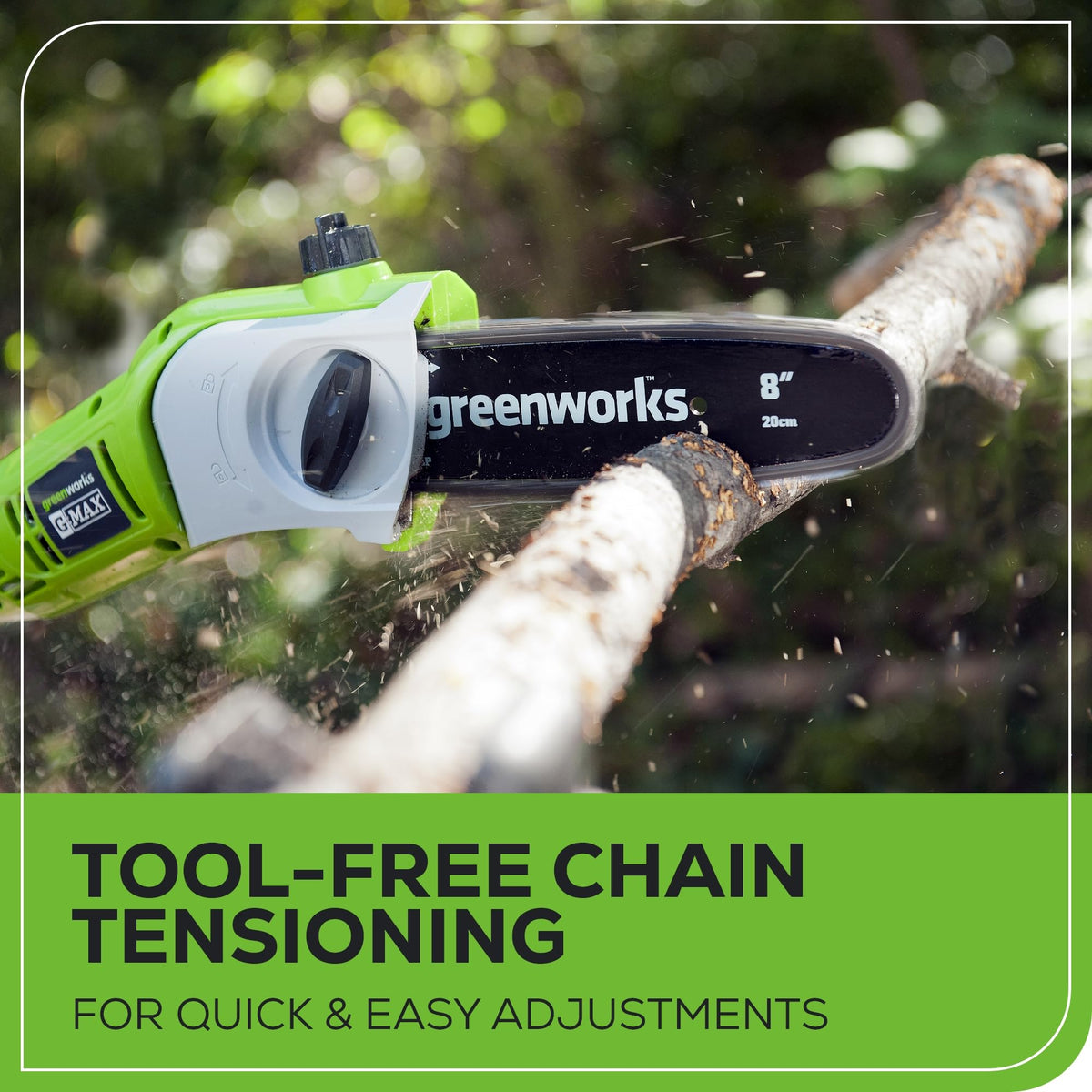 Greenworks pole hedge trimmer with 20-inch dual-action blade for precise hedge shaping.