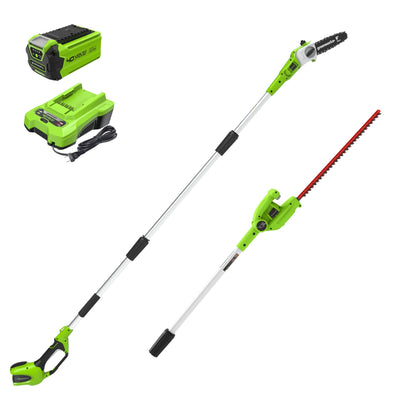 Greenworks polesaw with 8-inch bar and chain for easy branch trimming.
