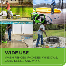 Greenworks in-action with a pressure washer illustrating versatile cleaning scenarios