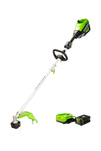 Greenworks Pro 80V trimmer front view showcases cordless power for yard edge trimming.