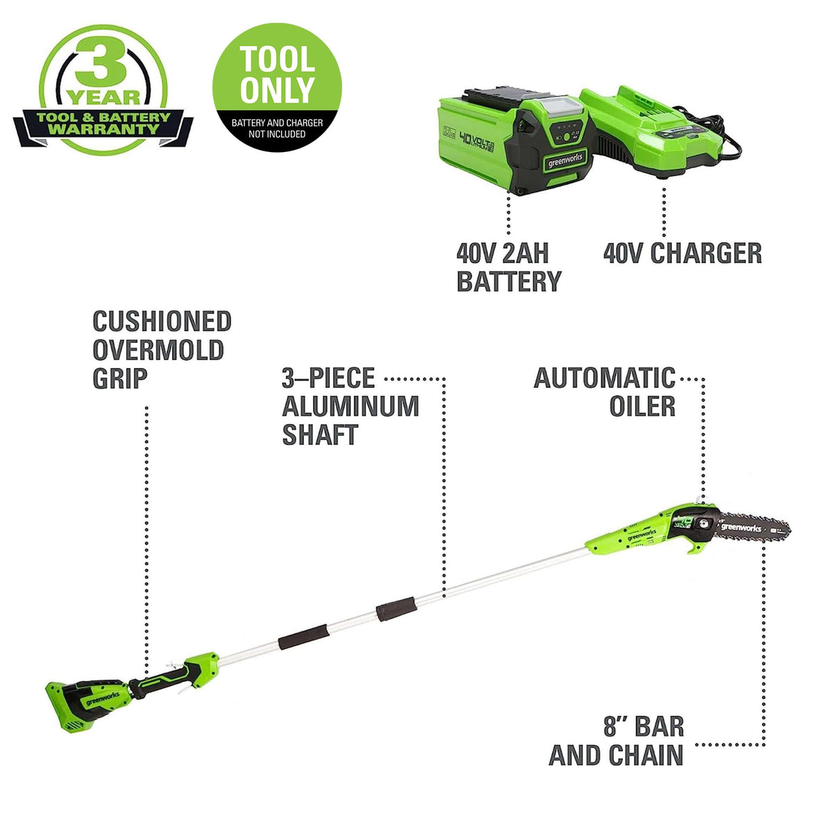 PS40B00 easy tension adjustment for quick chain tightening during pruning.