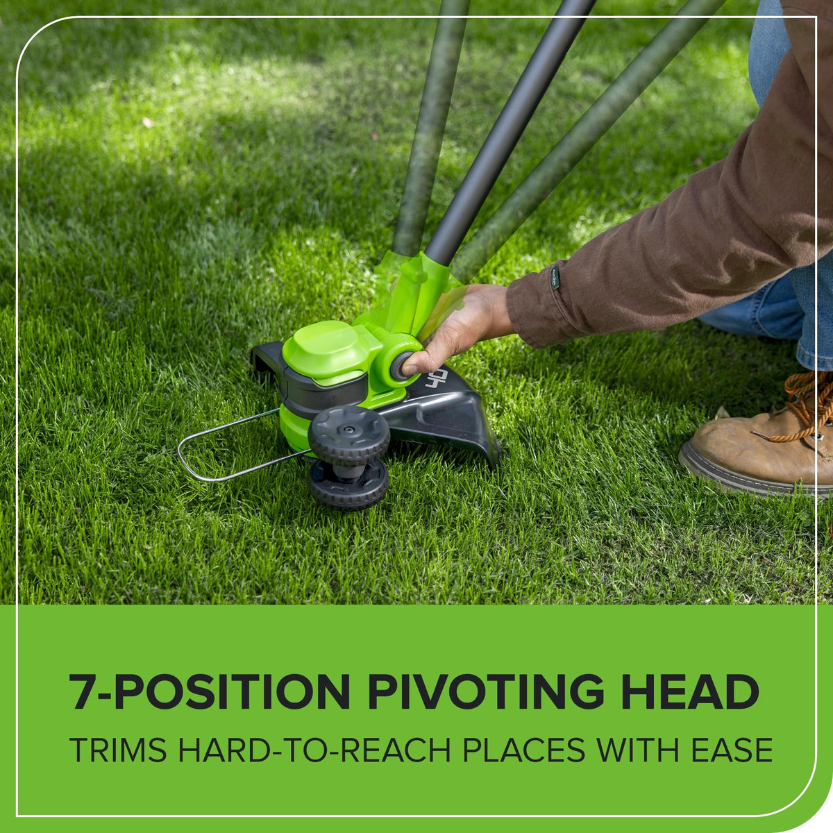 Greenworks telescoping shaft with adjustable handle for comfortable grip.