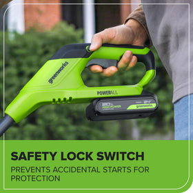Greenworks weather-resistant housing protects the trimmer during rain and storage.