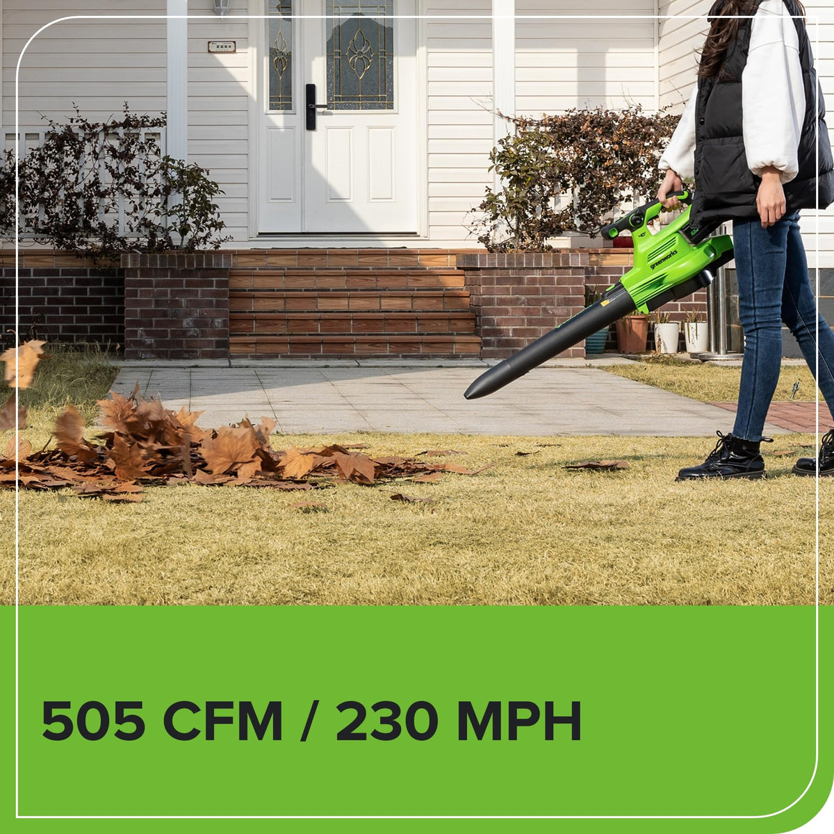 Greenworks turbo-boost button enables on-demand power for tough cleanup tasks.
