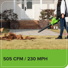Greenworks turbo-boost button enables on-demand power for tough cleanup tasks.