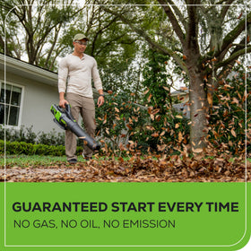 Greenworks turbo button provides on-demand power for tough leaf piles.