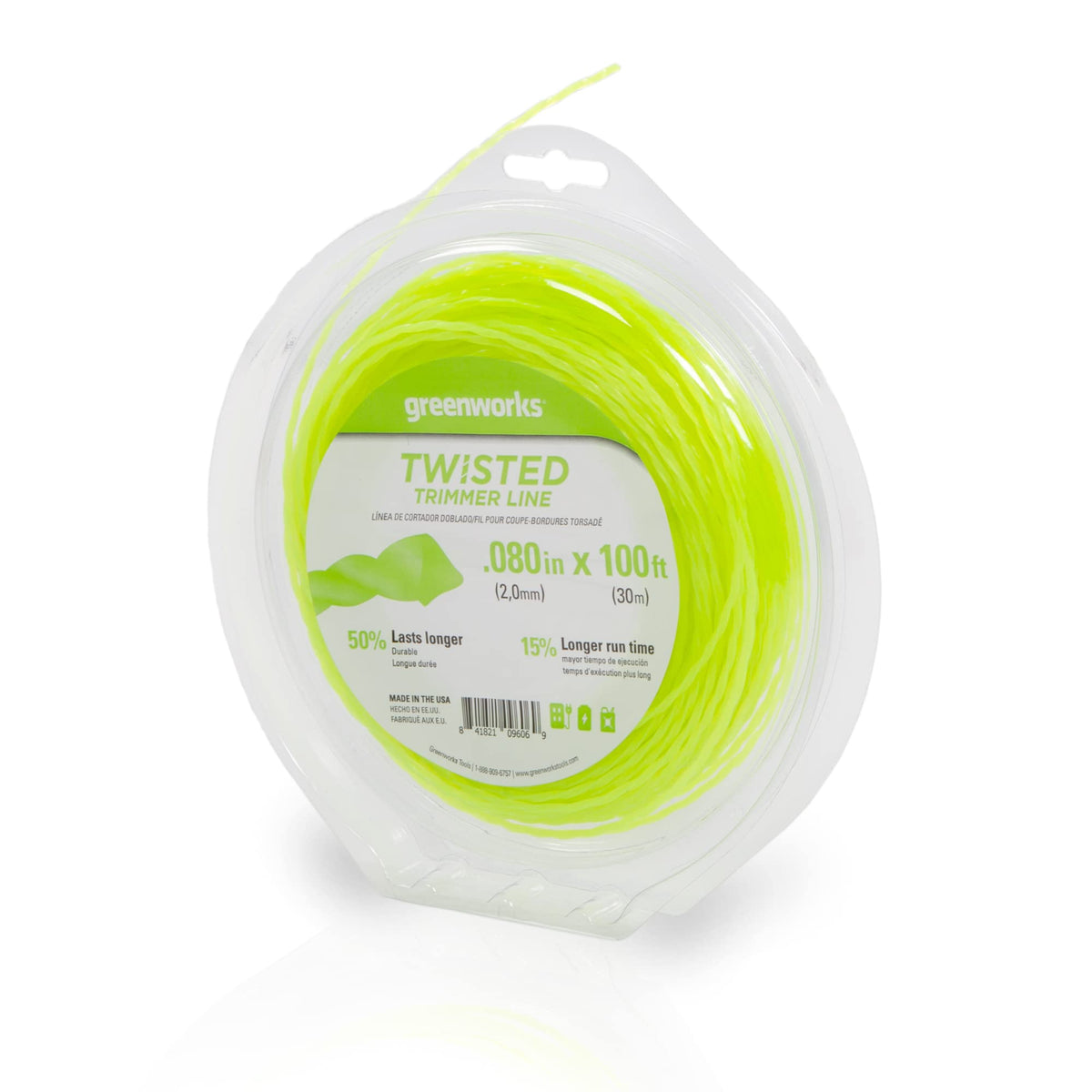Greenworks twisted line enhances durability for tougher yard tasks.