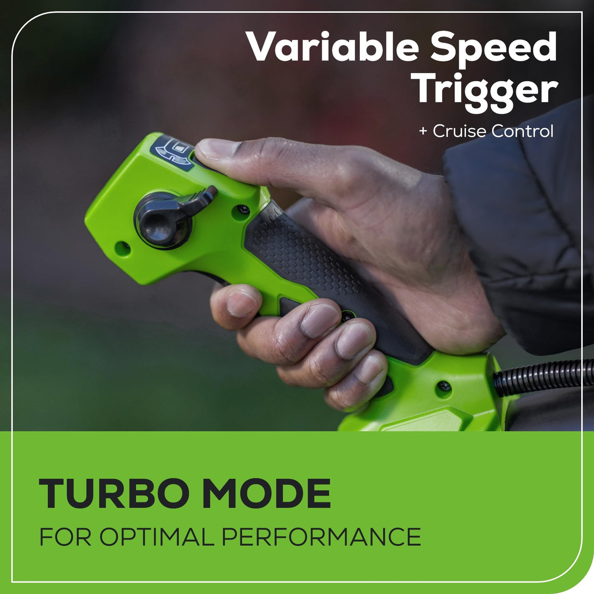 Greenworks variable speed dial enables precise airflow control for delicate beds.