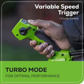 Greenworks variable speed dial enables precise airflow control for delicate beds.