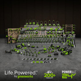 Greenworks vertical storage design saves space when storing the mower