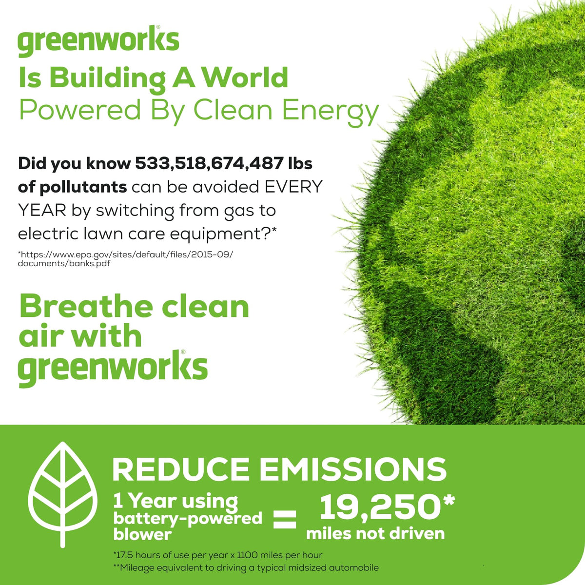 Greenworks warranty badge indicating 3-year tool and 3-year battery coverage.