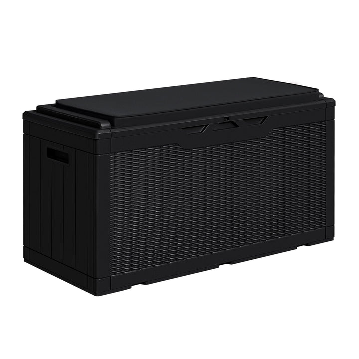 Greesum 100 gallon deck box for outdoor storage with lid closed keeps tools tidy.