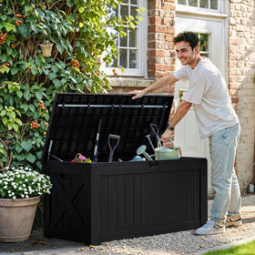 Greesum deck box lid open with hydraulic assist for smooth operation.