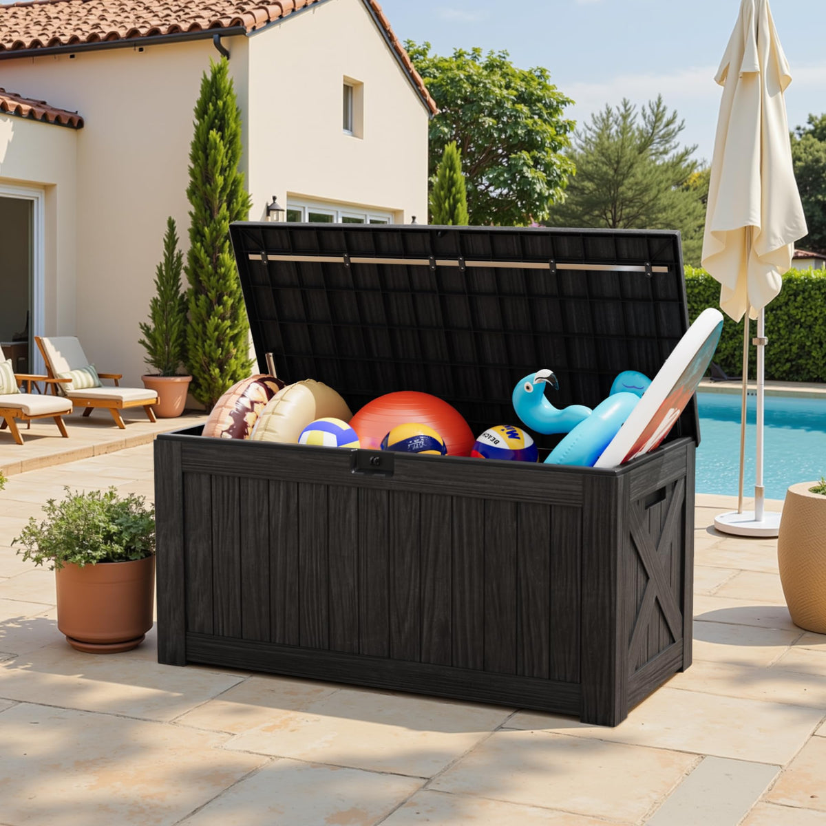 Greesum 120-gallon deck box with lid open demonstrates easy access.