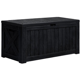 Greesum 120-gallon deck box side view—durable resin outdoor storage.