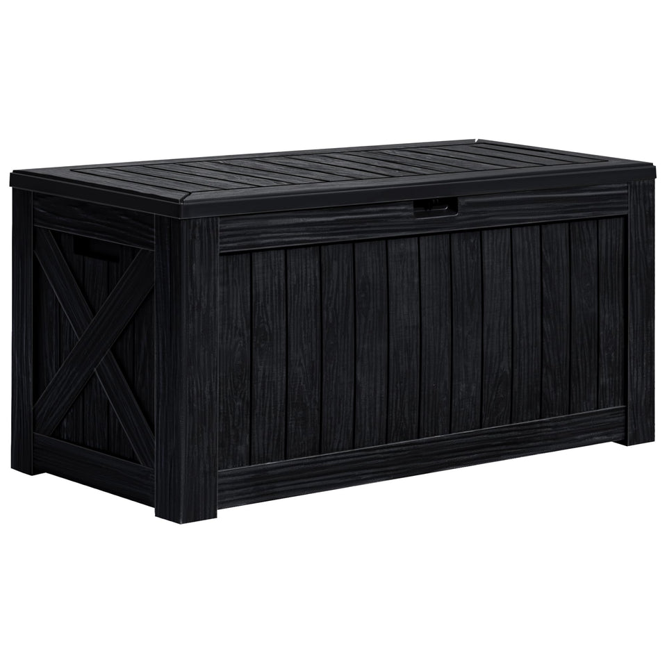 Greesum 120-gallon deck box side view—durable resin outdoor storage.