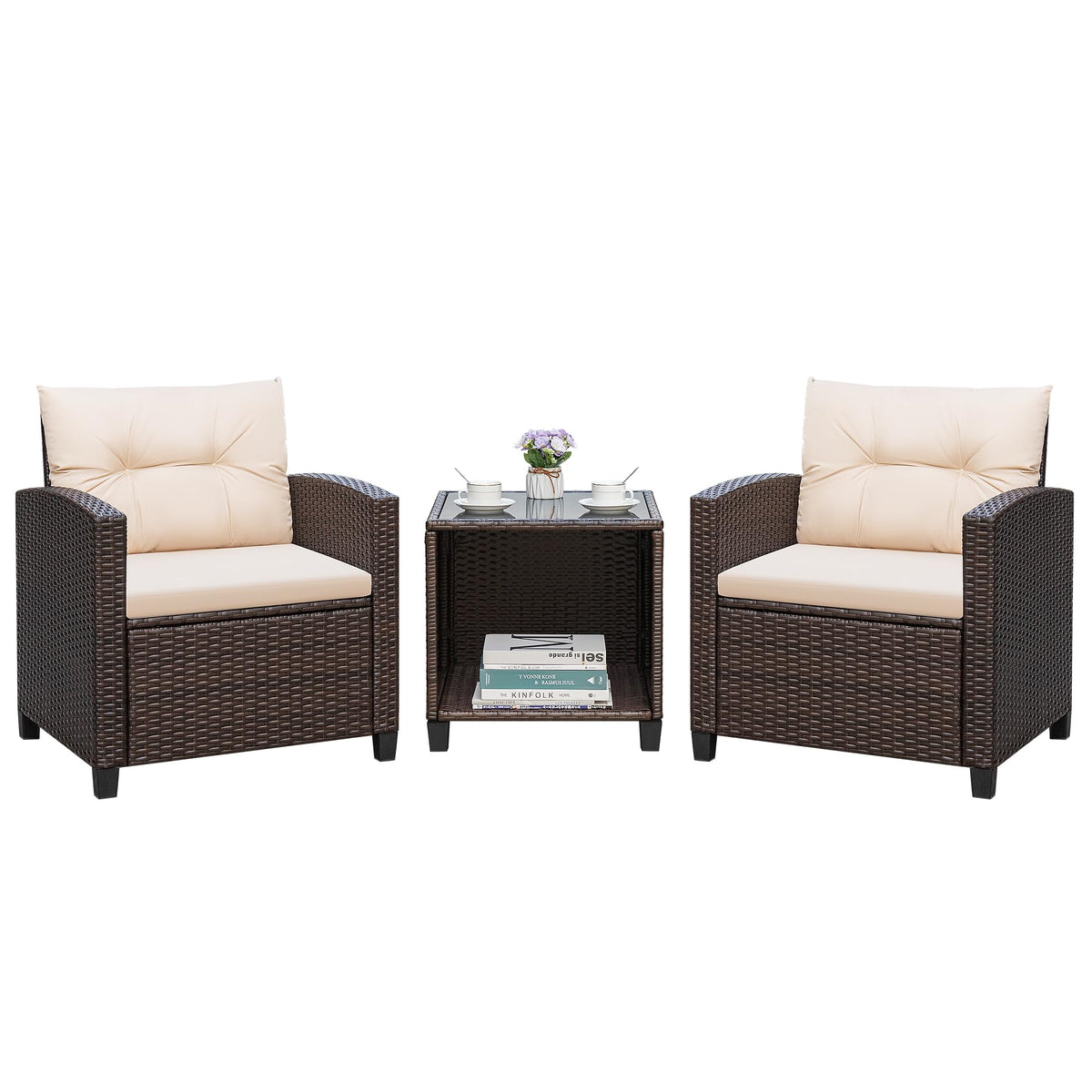 Greesum 3-piece outdoor set with brown PE rattan chairs for cozy seating