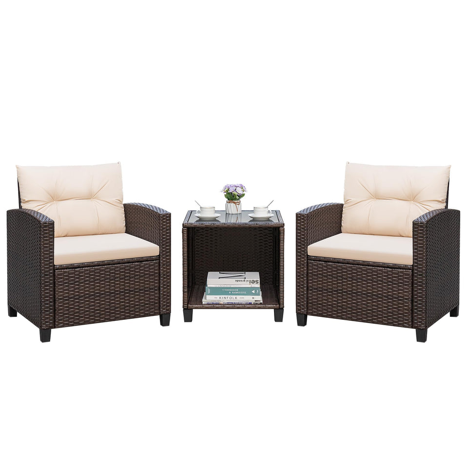 Greesum 3-piece outdoor set with brown PE rattan chairs for cozy seating