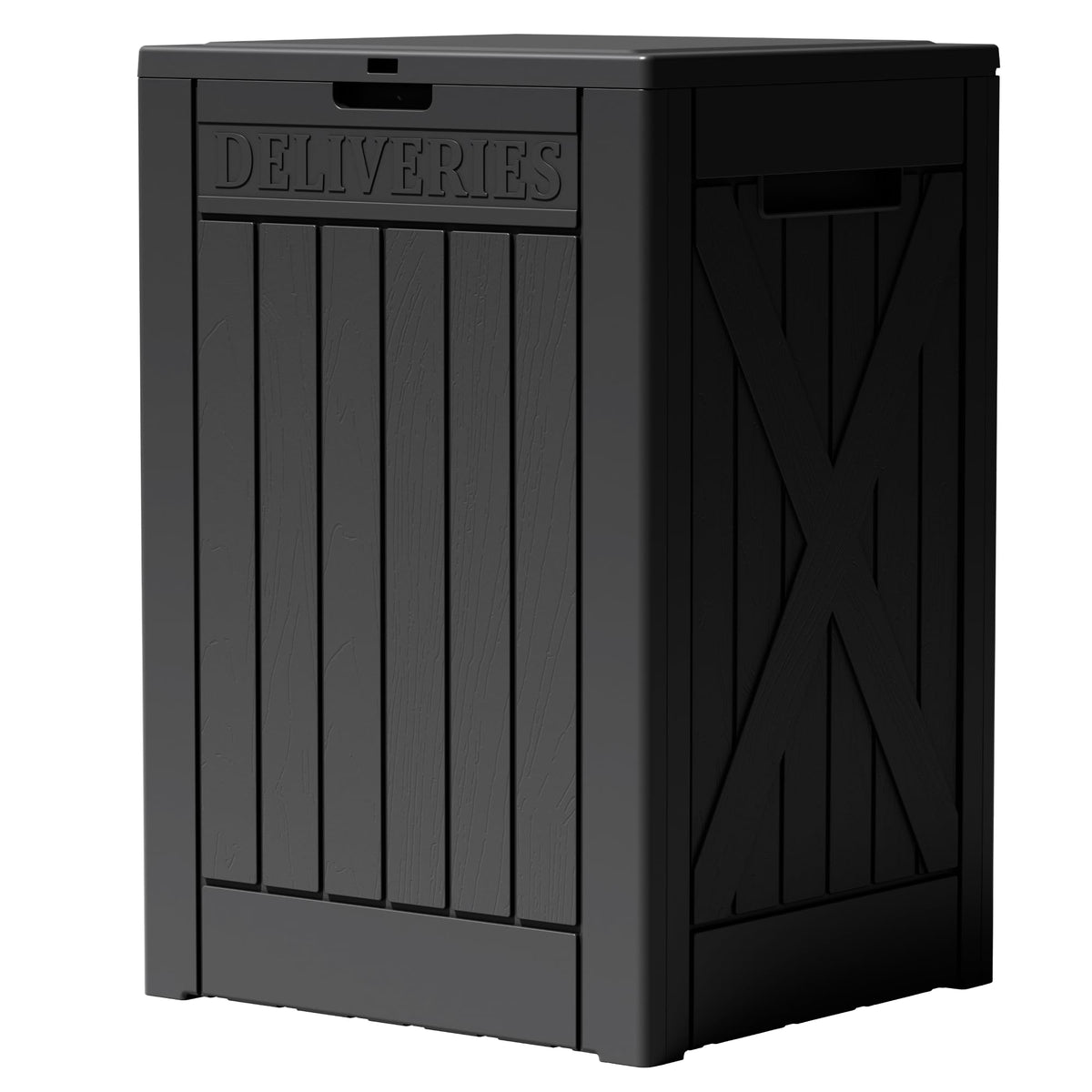 Greesum 52-gallon deck box with lock protects outdoor gear from weather and pests.