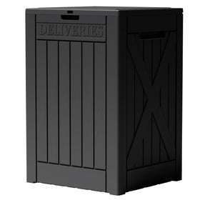 Greesum 52-gallon deck box with lock protects outdoor gear from weather and pests.