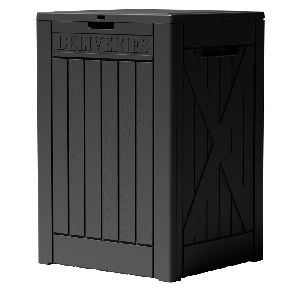Greesum 52-gallon deck box with lock protects outdoor gear from weather and pests.