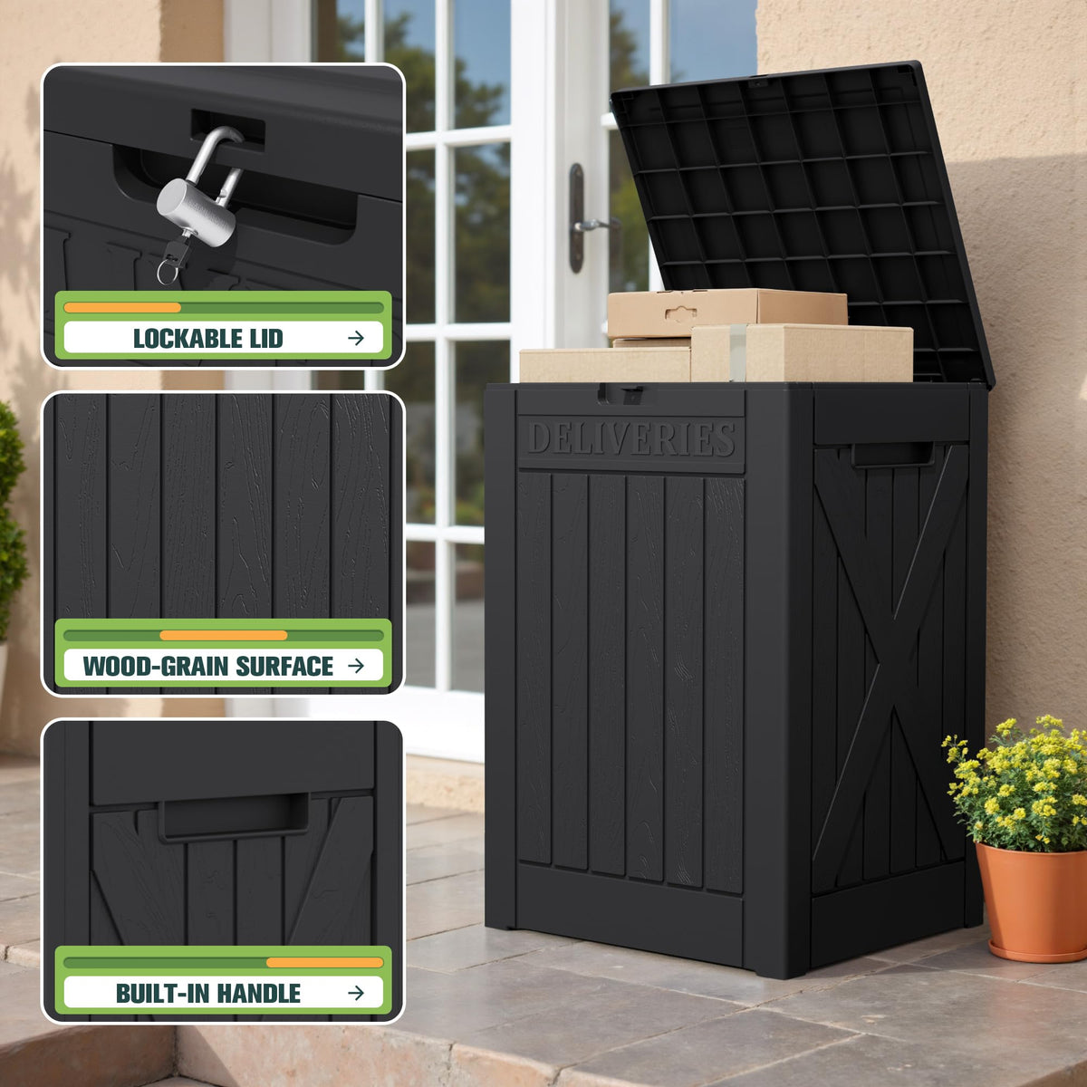 Greesum lockable lid demonstrates secure protection for delivered packages.