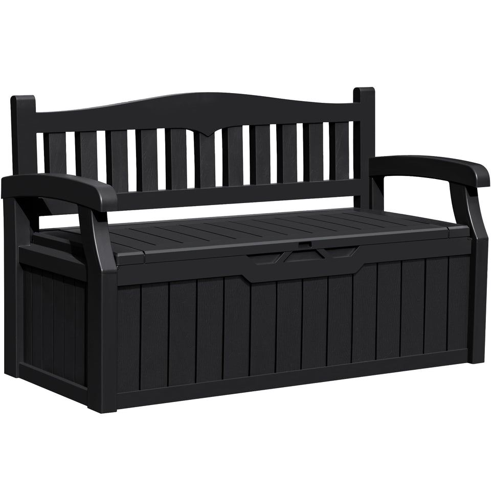 Greesum 80-gallon storage bench with lid open, showing ample hidden storage