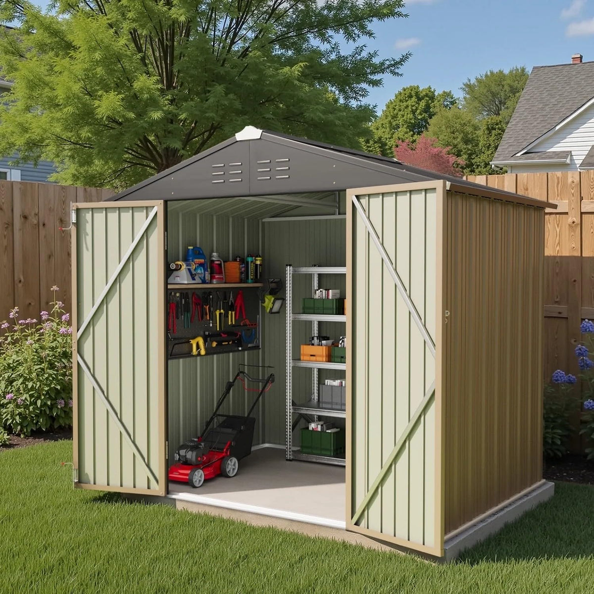 Greesum 8x6ft outdoor shed front view, weather-resistant storage for tools and bikes.