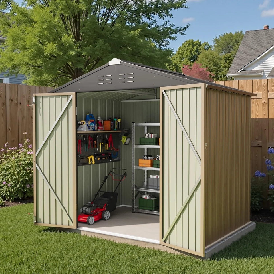 Greesum 8x6ft outdoor shed front view, weather-resistant storage for tools and bikes.