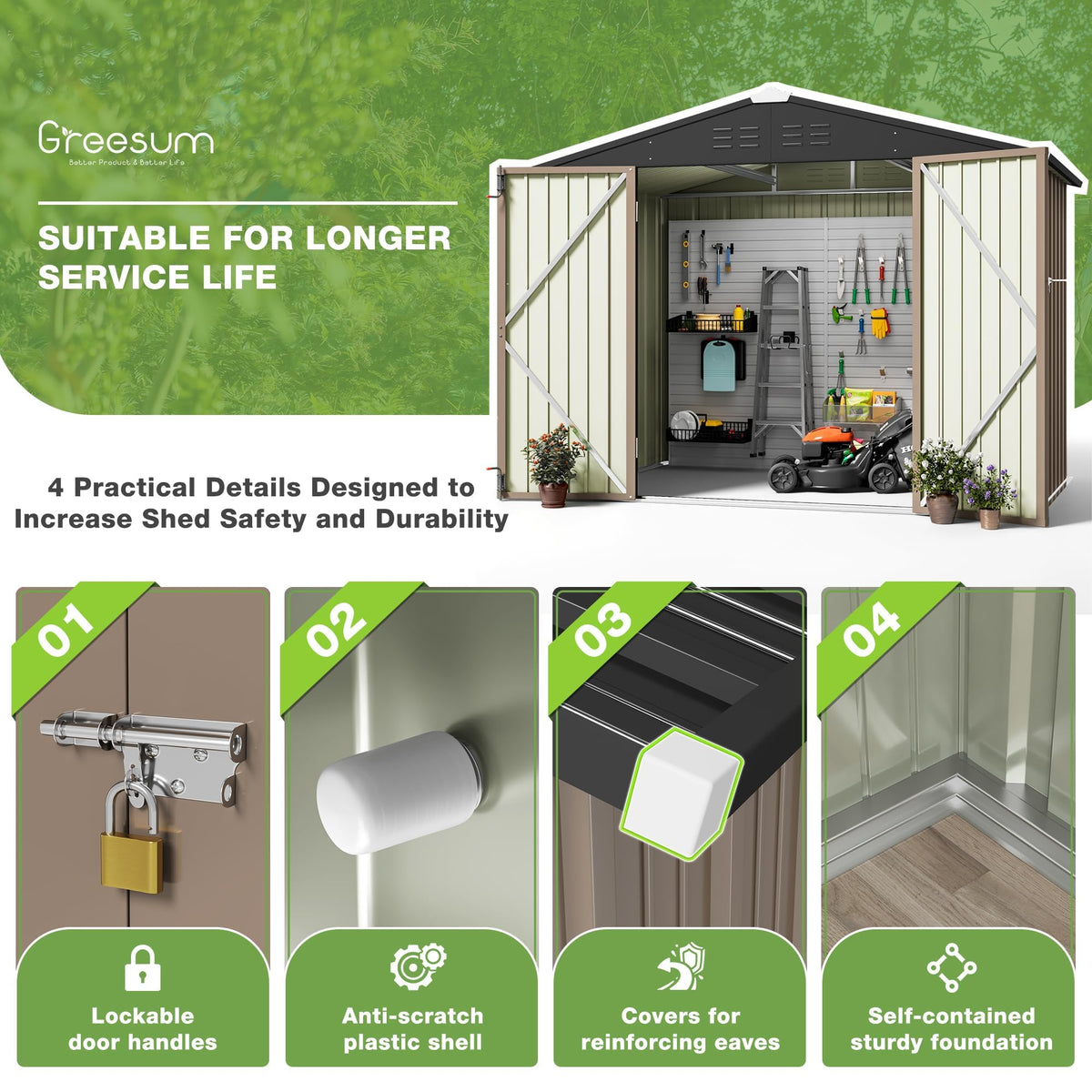 Greesum 8x6ft shed front view with door for secure access.