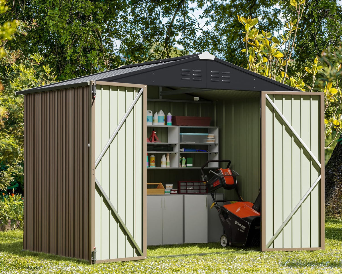 Greesum 8x6ft outdoor storage shed side view showing ample space for tools.