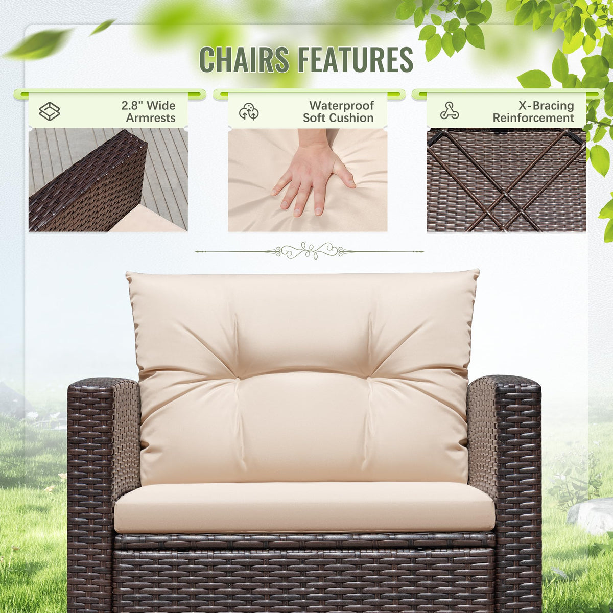 Beige cushions by Greesum offer plush, water-resistant comfort