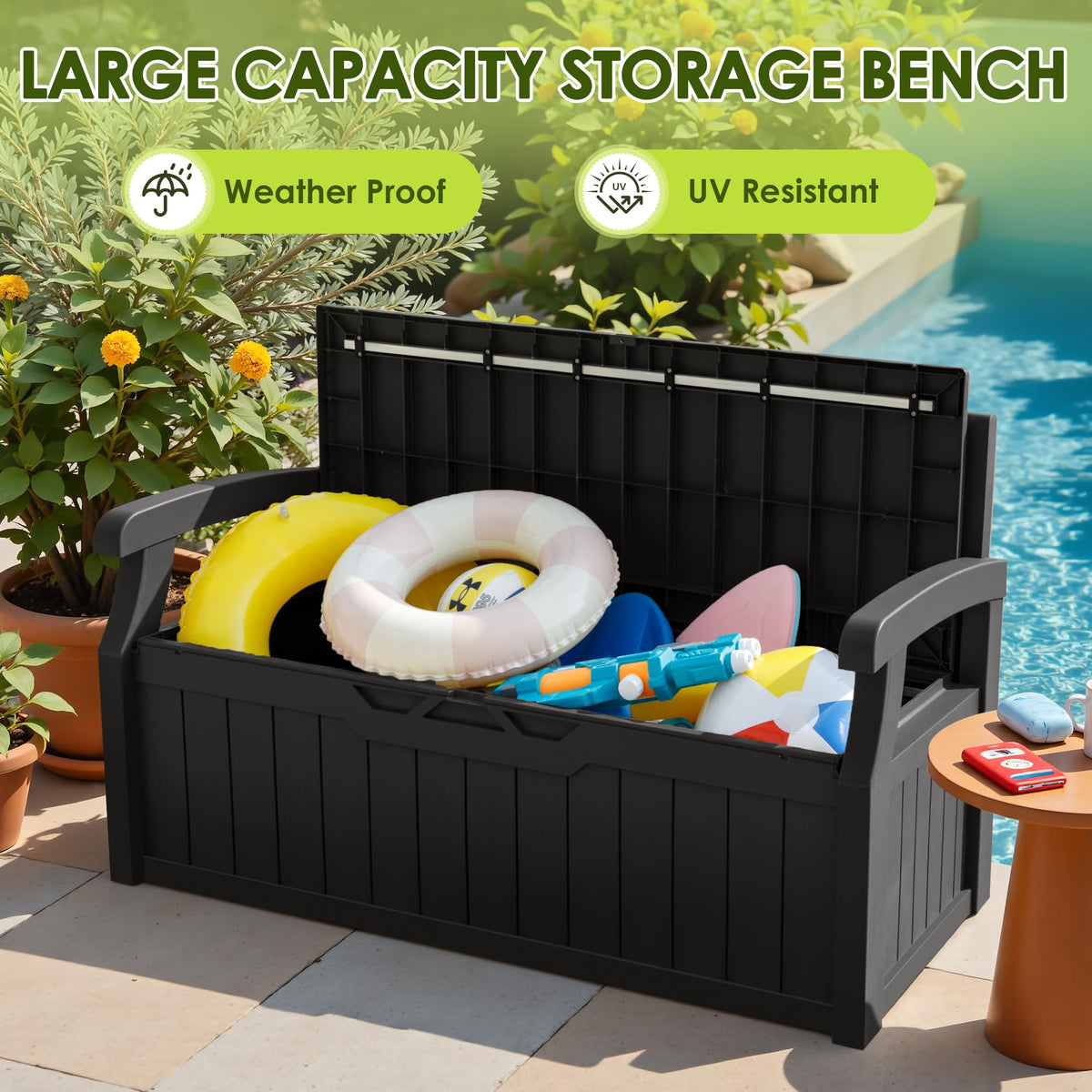 Greesum bench with attached cushion offers instant seating on sunny days