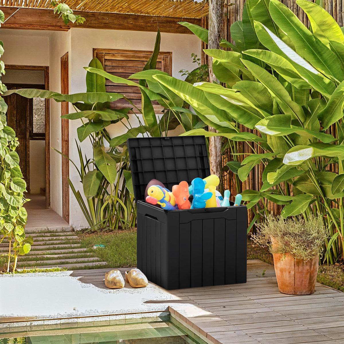 Greesum deck box closed lid with lock for secure outdoor storage.