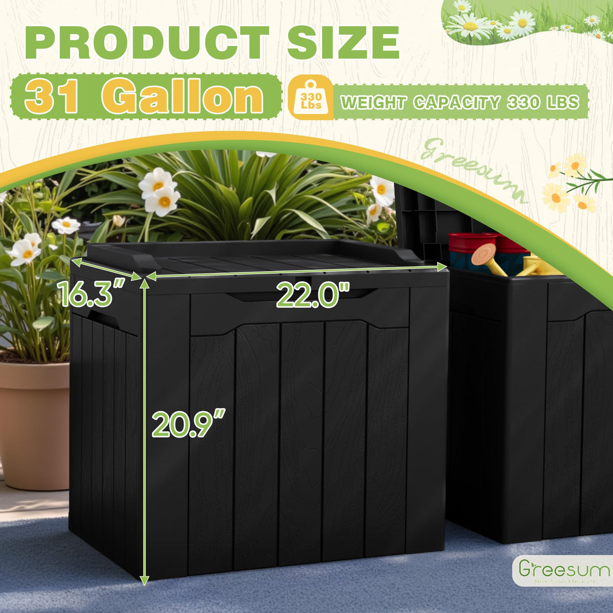 Greesum deck box dimensions 22.04 x 16.34 x 20.87 inches fit outdoor spaces.