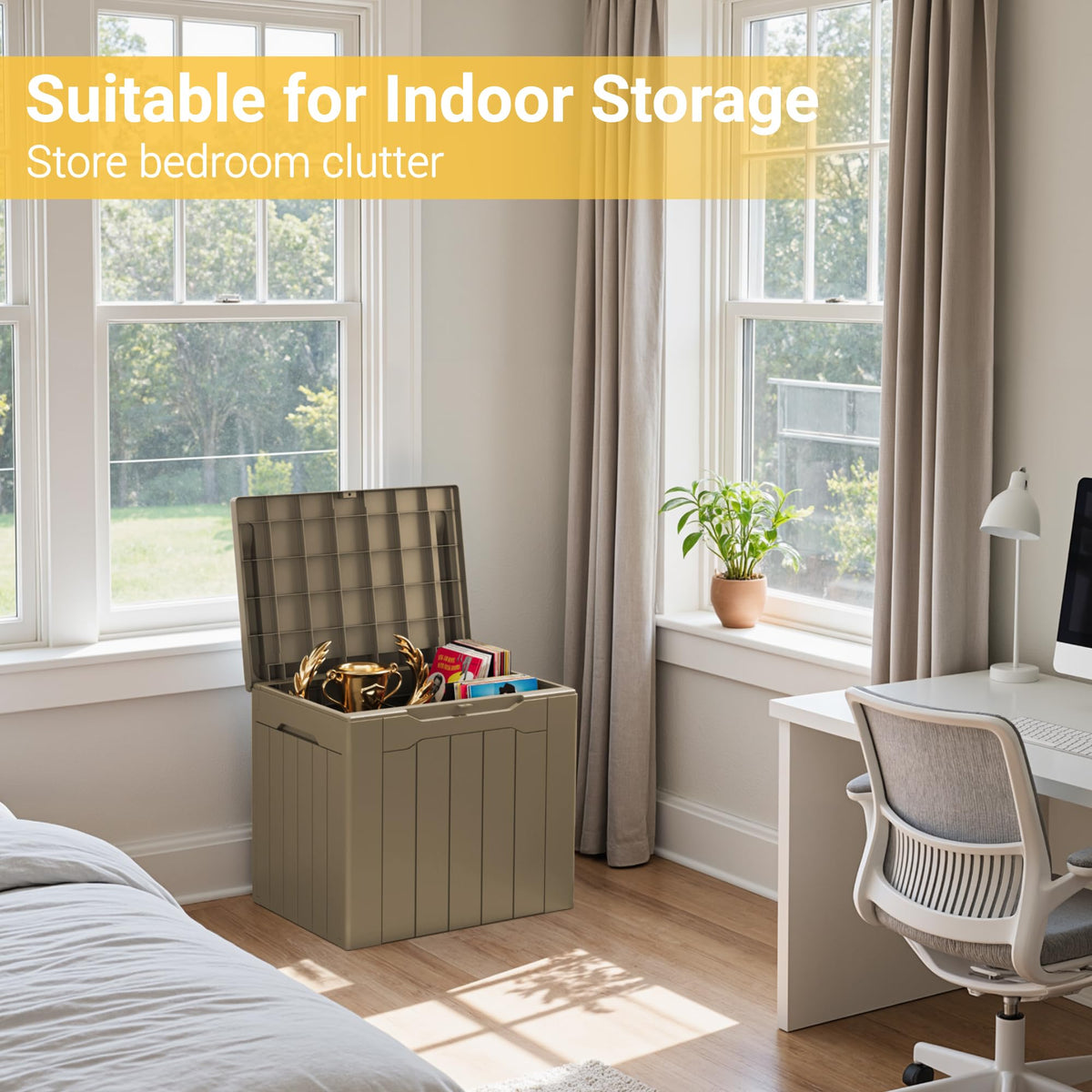 Greesum deck box features lockable holes for added outdoor security.