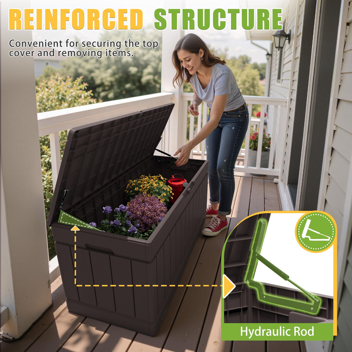 Greesum deck box with lockable holes for security.
