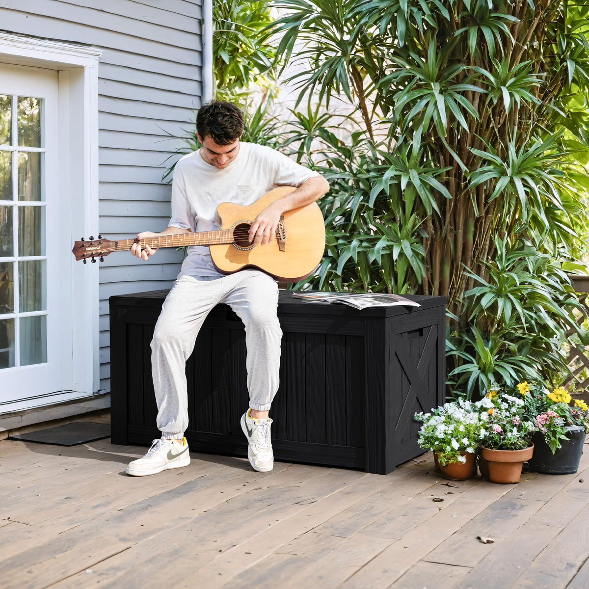 Greesum deck box lockable lid for secure outdoor storage.