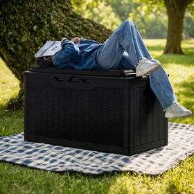 Greesum lockable deck box lid protects valuables when left outdoors.