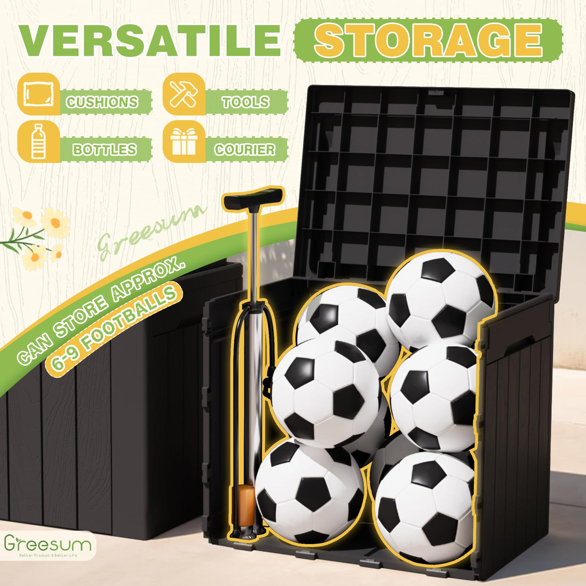 Greesum versatile deck box doubles as seat or decorative accent.