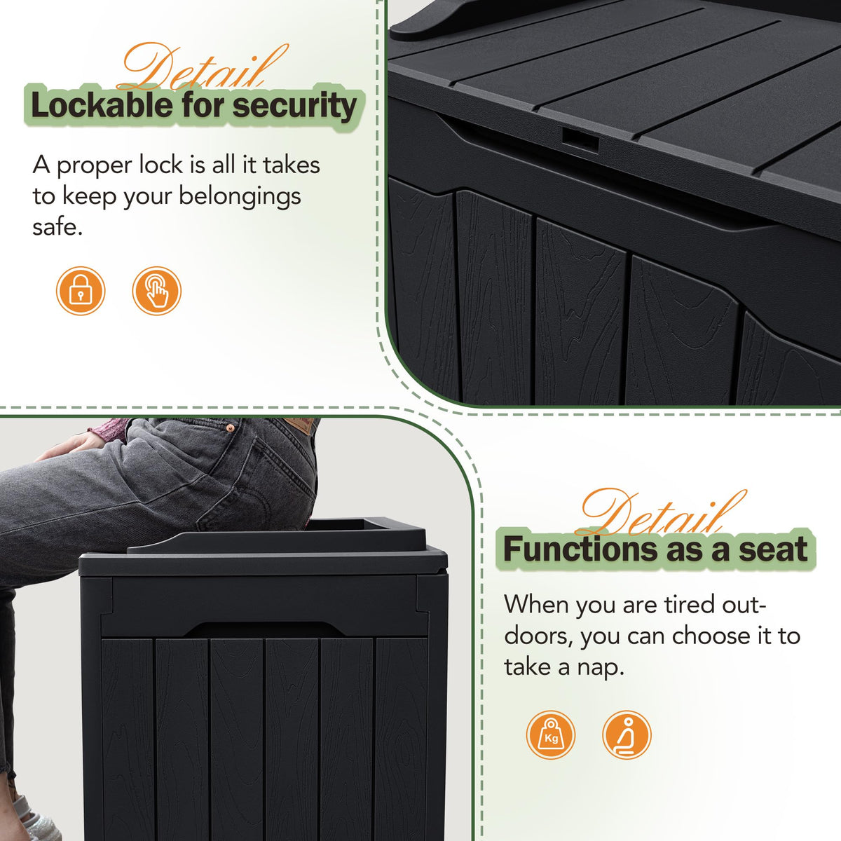 Greesum 31 gallon weather-resistant resin deck box built to withstand outdoor conditions.