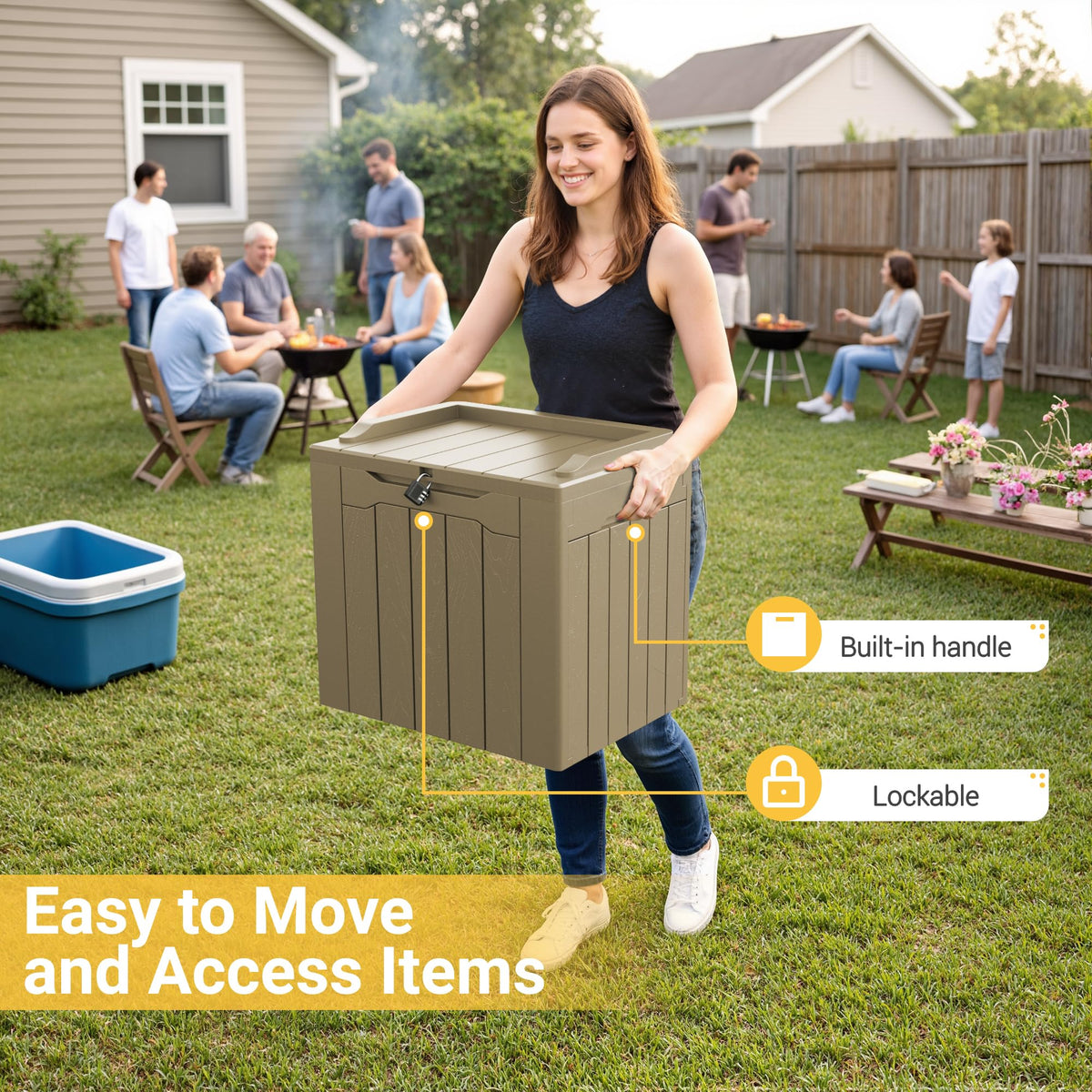 Greesum resin storage box demonstrates weatherproof protection from sun and rain.