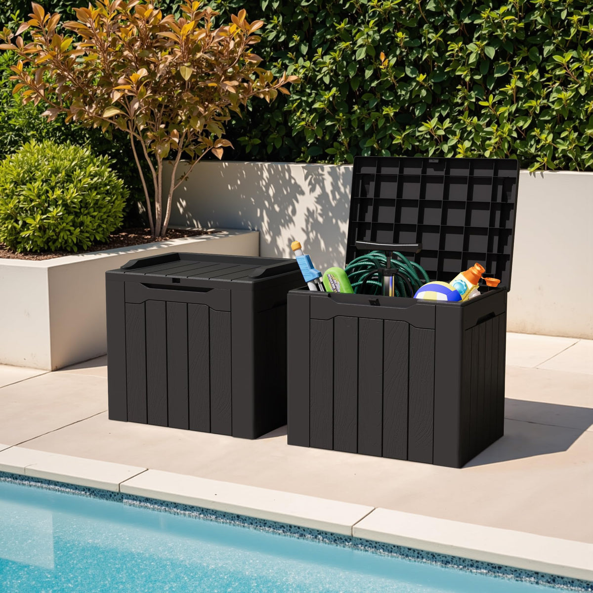 Greesum resin deck box resists sun and rain with weatherproof durability.