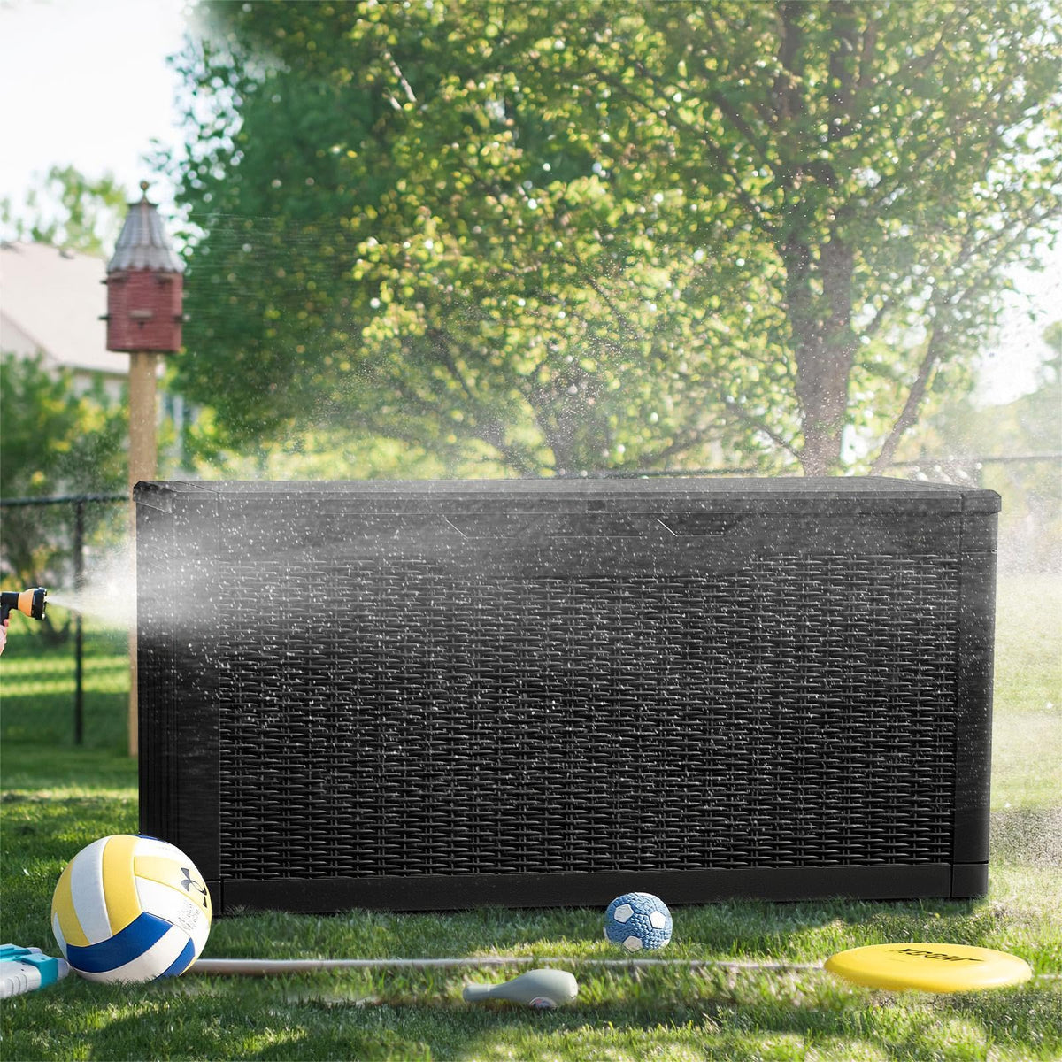 Greesum imitation rattan texture finish on deck box for stylish outdoor look