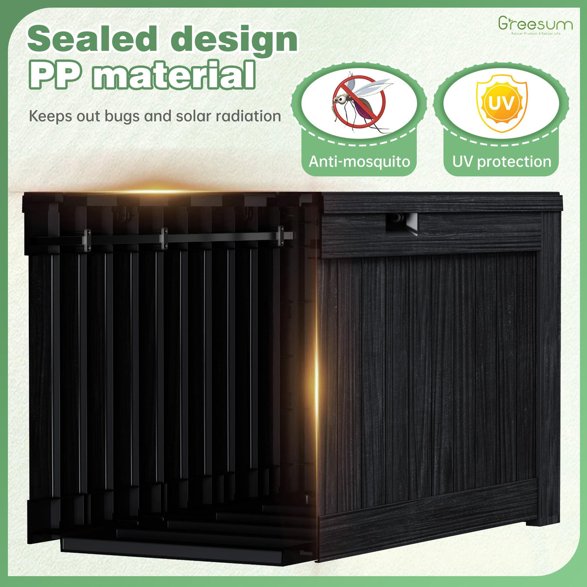Greesum lockable storage box protects cushions and tools from elements.