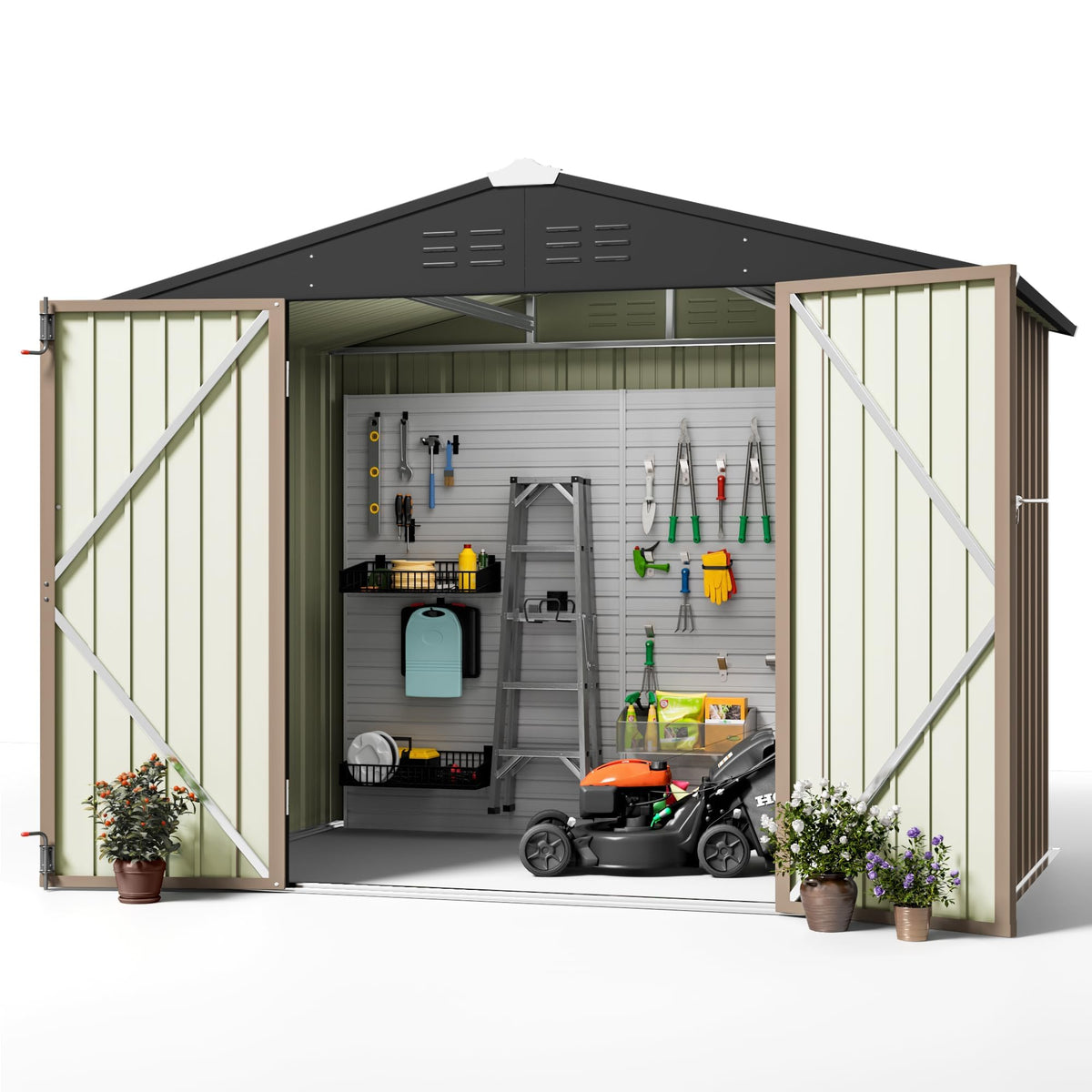 Greesum metal outdoor shed with sloped roof for rain runoff.
