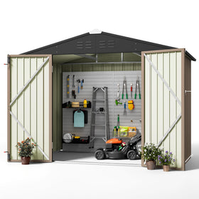 Greesum metal outdoor shed with sloped roof for rain runoff.