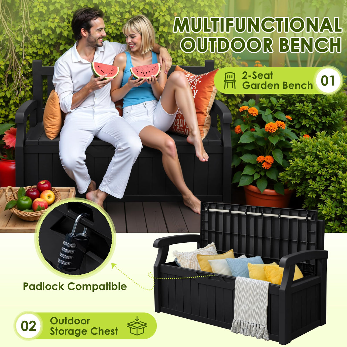 Greesum outdoor bench with cushions stored inside for porch organization