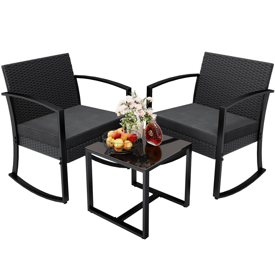 Greesum rocking chairs with black frame offer stable outdoor relaxation.